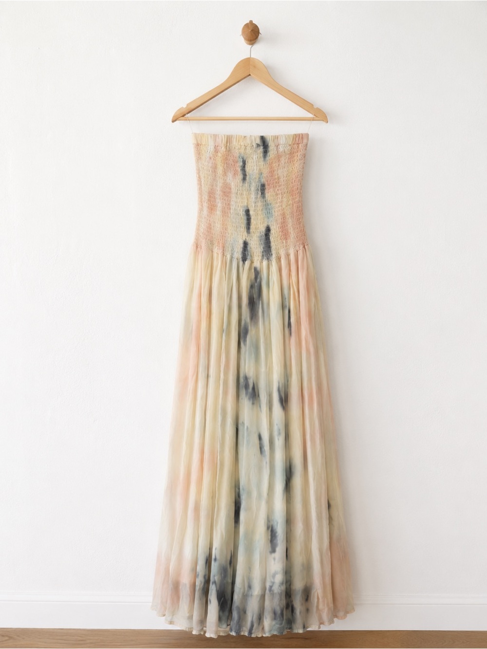 Strapless Tie-Dye Smocked Maxi Dress - Cream & Blue - Picture 2 of 2
